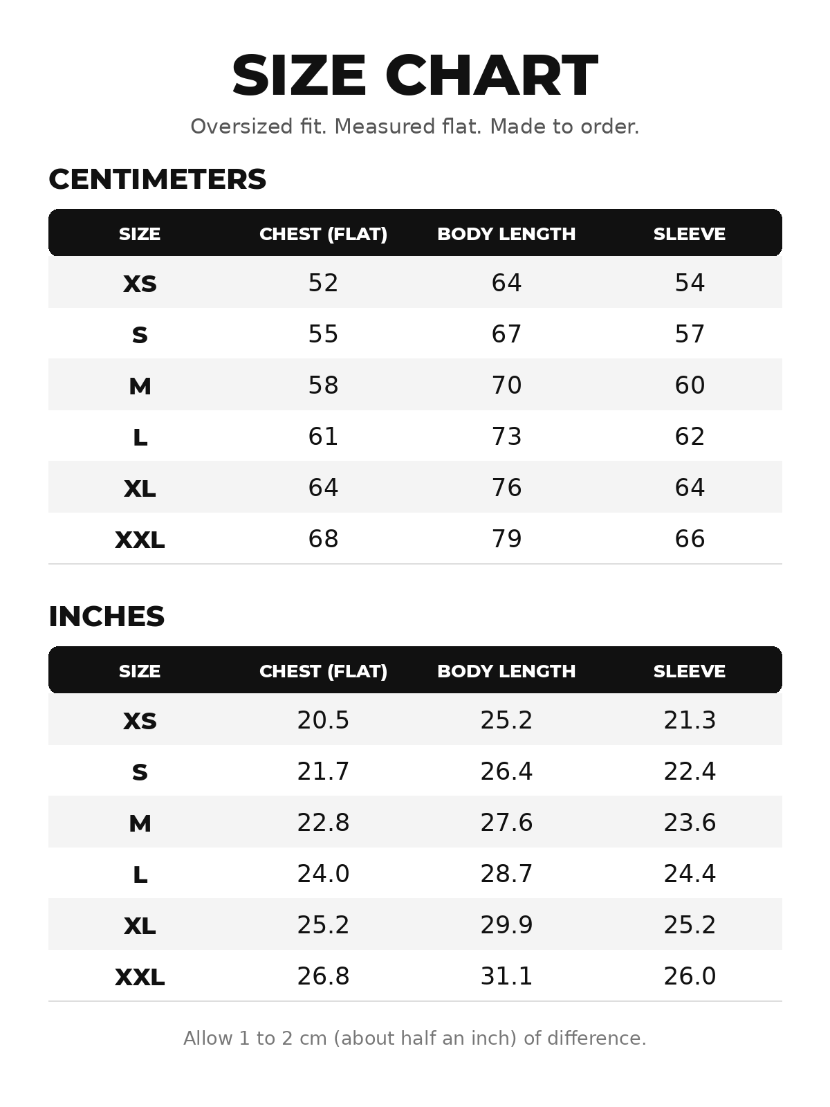 Size chart in centimeters and inches