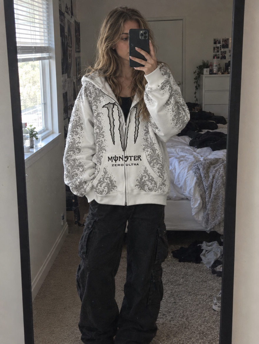 Zero Ultra | Oversized fit of the white hoodie worn casually