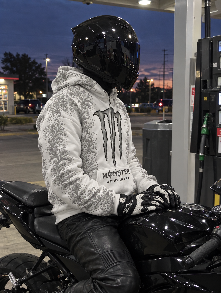 Zero Ultra | Rider seated on a sportbike in the white hoodie, helmet on and hood down