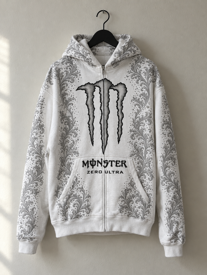 Zero Ultra | White hoodie on a hanger, front view