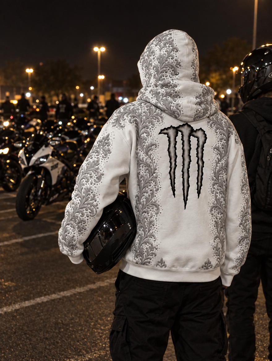 Back of the white hoodie at a night bike meet