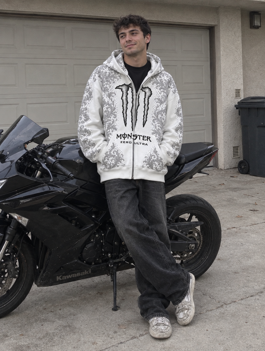 White hoodie worn next to a motorcycle in a driveway