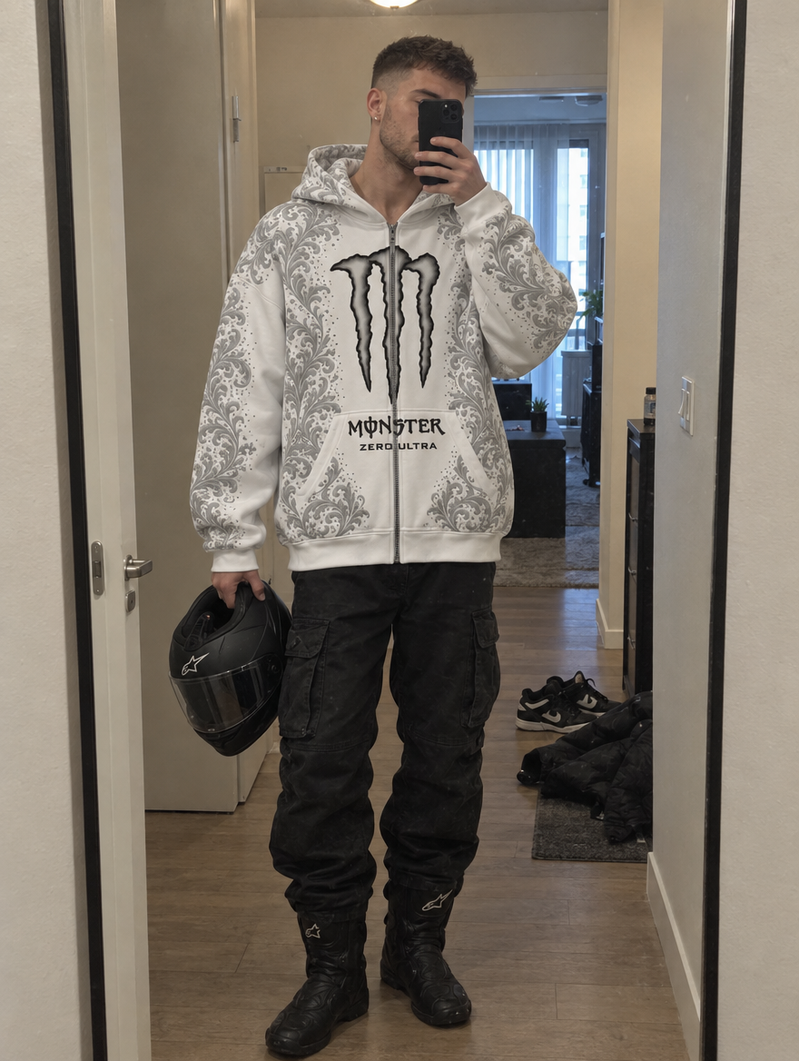 White hoodie in a hallway mirror, helmet in hand