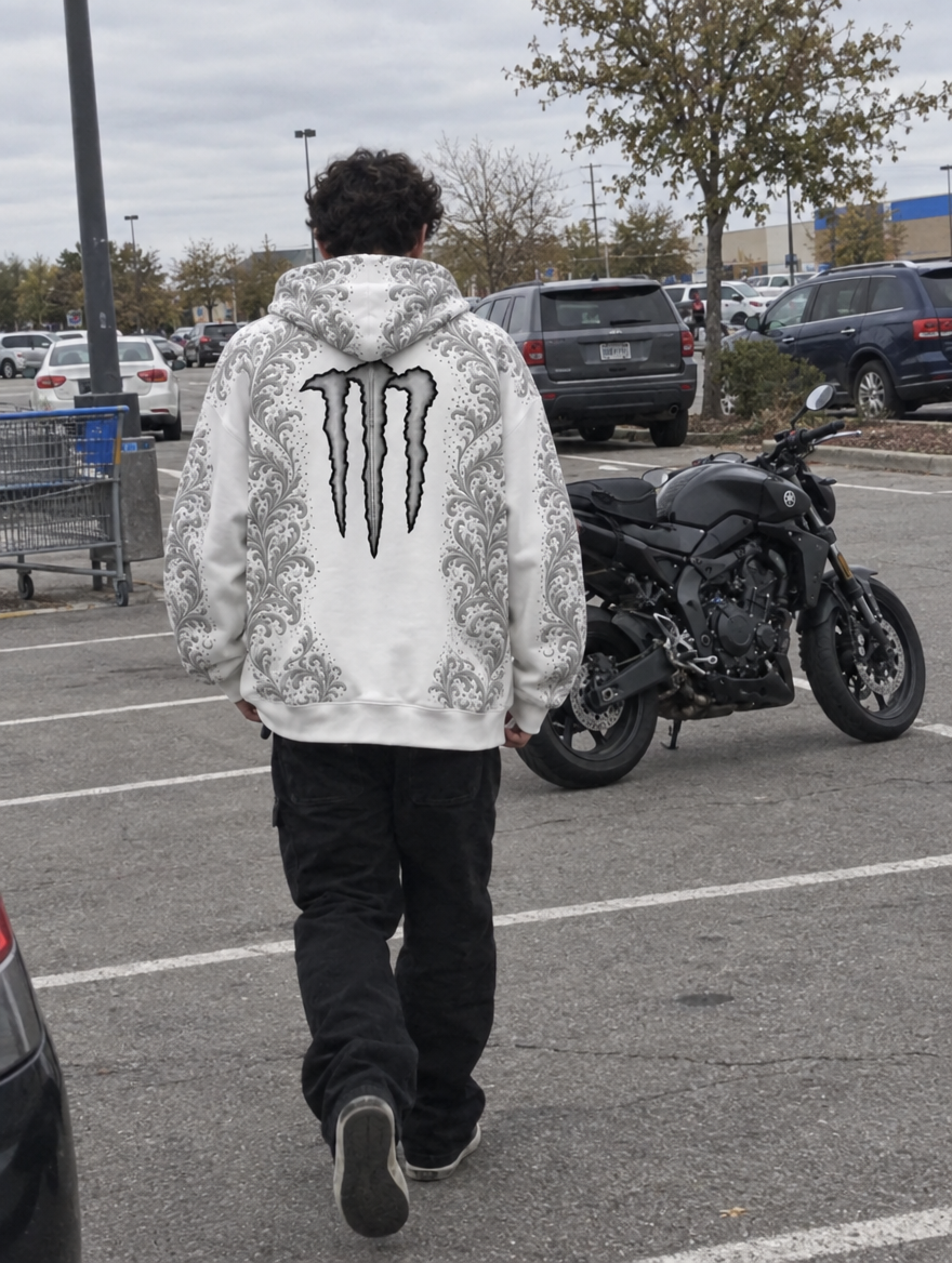 Back of the white hoodie, walking to a motorcycle