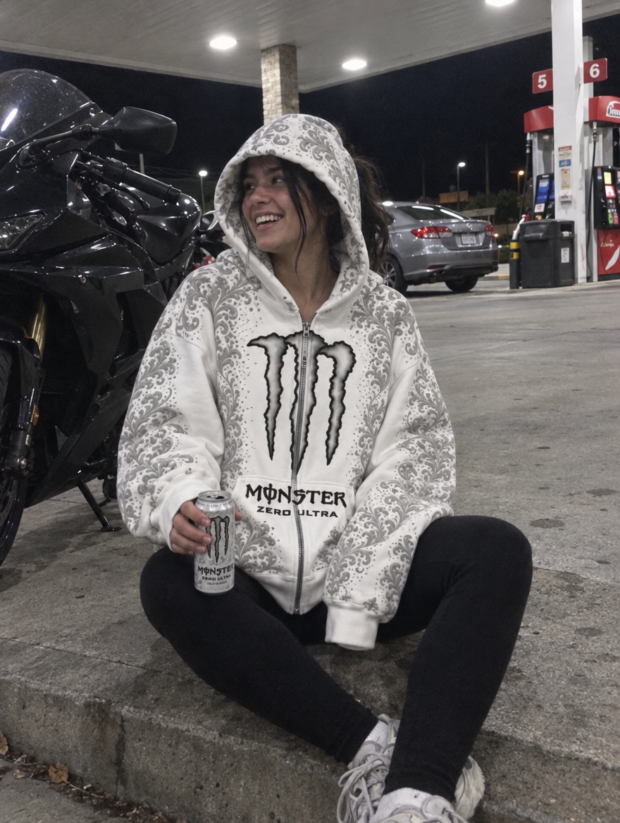 White hoodie, hood up, at a gas station at night