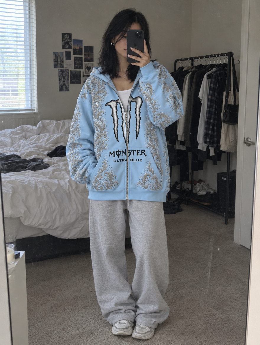 Ultra Blue hoodie in a bedroom mirror